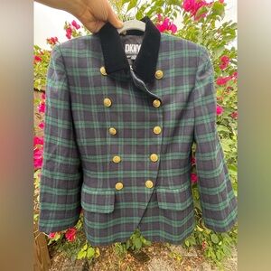 STUNNING VINTAGE Donna Karan DKNY Black and Green Plaid Wool-Blend Blazer Coat